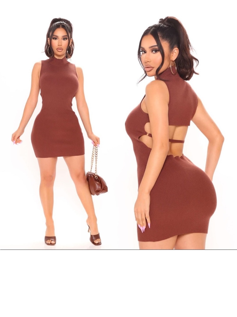 Fashion Nova The Only Exception Brown Ribbed Open Back Mini Dress M